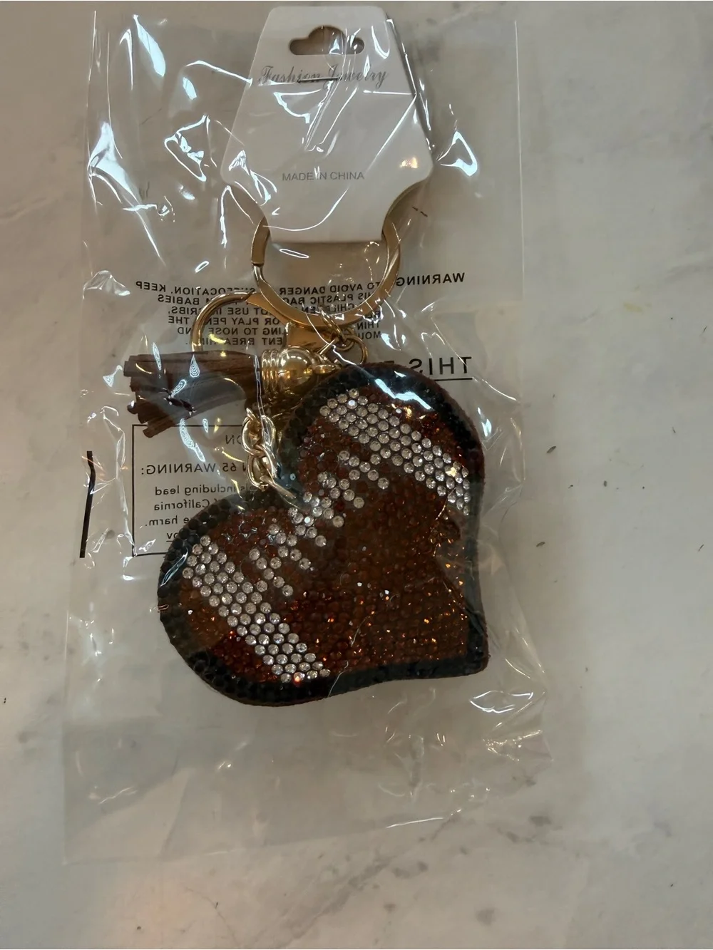 New Bling Rhinestone Football Heart Puffy Keychain / Purse Charm